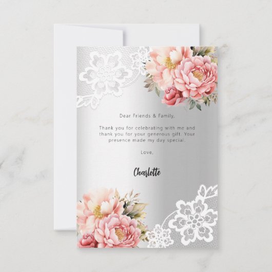 Baby shower zilveren bloemenkant bedankkaart (Achterkant)