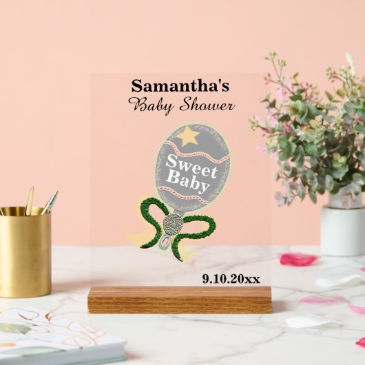 Baby shower Zilveren Gele Groene Rammelaar Acryl Bord (Huwelijk)