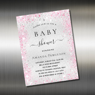 Baby shower zilveren glitter roze magneet