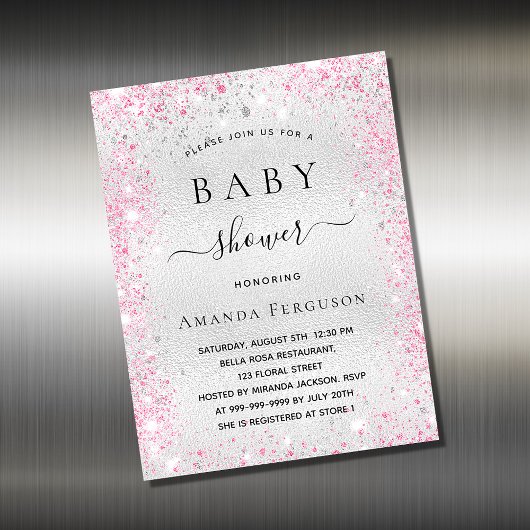 Baby shower zilveren glitter roze magneet