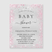 Baby shower zilveren glitter roze magneet (Voorkant)