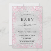Baby shower zilveren glitter roze meisje luxe kaart (Voorkant)