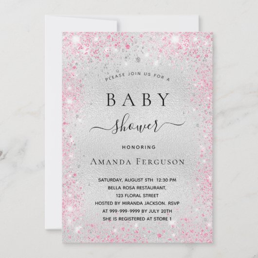 Baby shower zilveren glitter roze meisje luxe kaart (Voorkant)