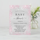 Baby shower zilveren glitter roze meisje luxe kaart (Staand voorkant)