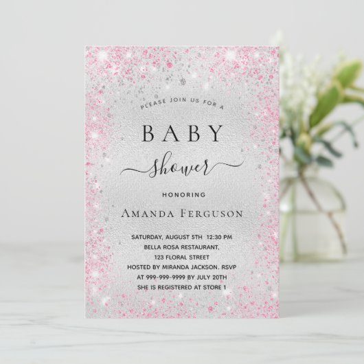 Baby shower zilveren glitter roze meisje luxe kaart (Staand voorkant)