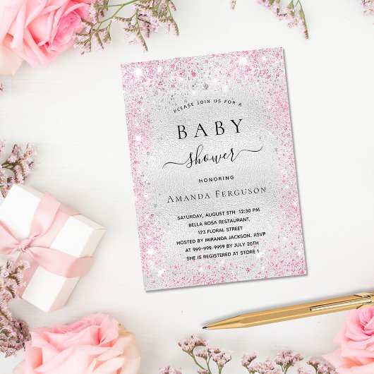 Baby shower zilveren glitter roze meisje luxe kaart