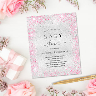 Baby shower zilveren glitter roze roze uitnodiging briefkaart