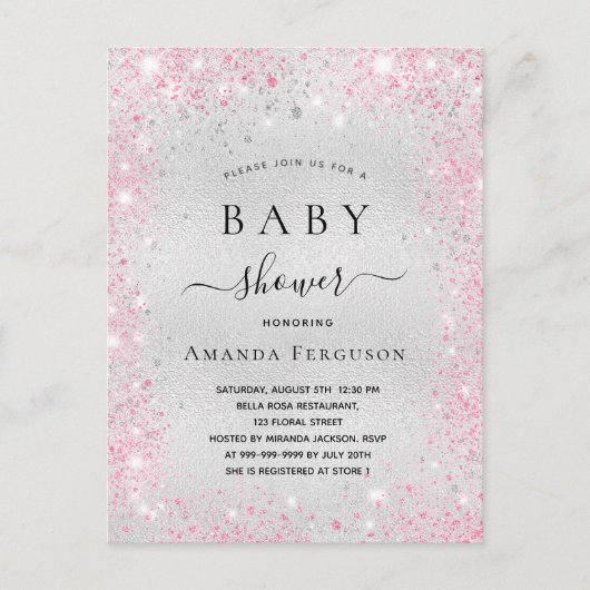 Baby shower zilveren glitter roze roze uitnodiging briefkaart (Voorkant)