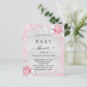 Baby shower zilveren glitter roze uitnodiging (Staand voorkant)