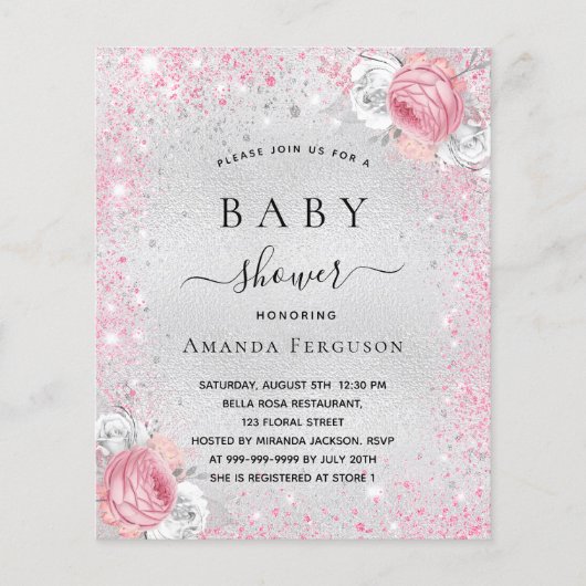 Baby shower zilveren glitter roze uitnodiging (Voorkant)
