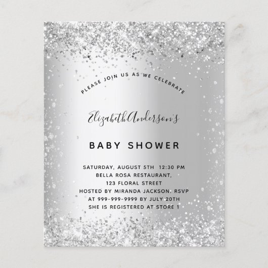 Baby shower zilveren glitter uitnodiging (Voorkant)
