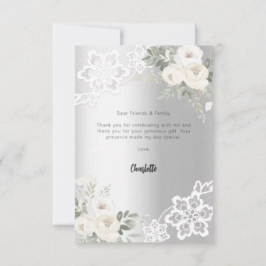 Baby shower zilveren kant bloemenbedankkaart bedankkaart (Achterkant)