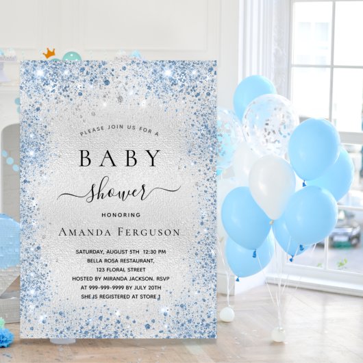 Baby shower zilverglitter-blauw kaart
