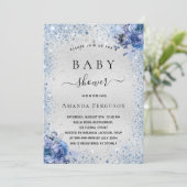 Baby shower zilverglitter blauw kaart (Staand voorkant)