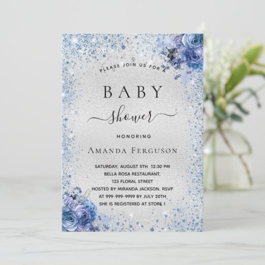 Baby shower zilverglitter blauw kaart (Staand voorkant)