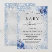 Baby shower zilverglitter blauw kaart (Voorkant / Achterkant)