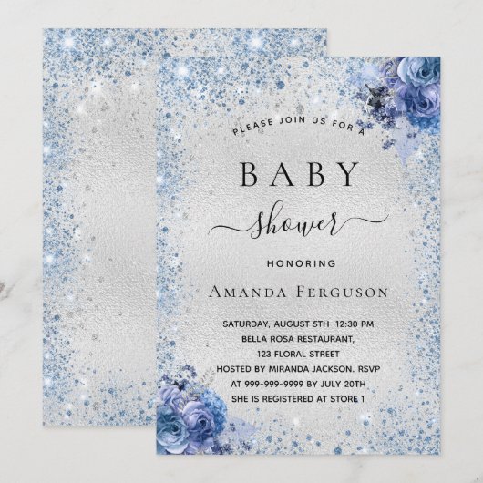 Baby shower zilverglitter blauw kaart (Voorkant / Achterkant)