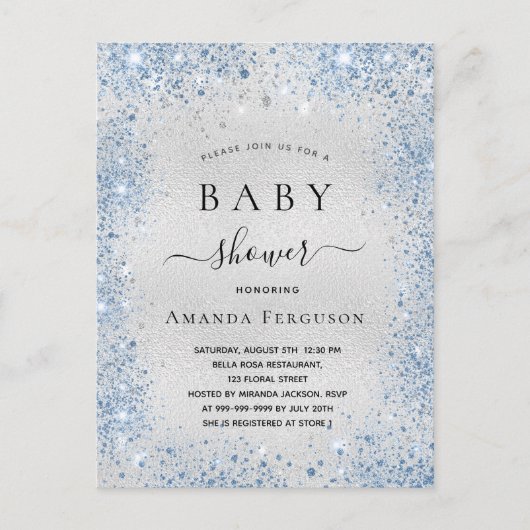 Baby shower zilverglitter-blauw uitnodiging briefkaart (Voorkant)
