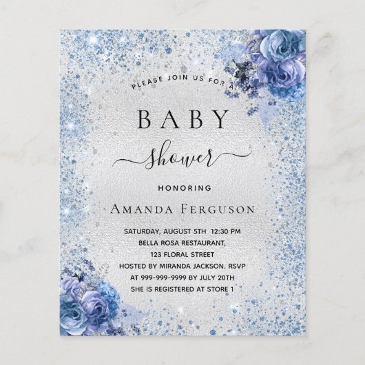 Baby shower zilverglitter floranje uitnodiging (Voorkant)