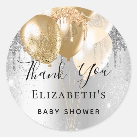 Baby shower zilvergoudballonnen bedankt ronde sticker (Voorkant)