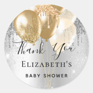 Baby shower zilvergoudballonnen bedankt ronde sticker