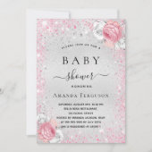 Baby shower zilverroze glitter floral kaart (Voorkant)