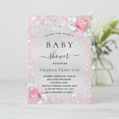 Baby shower zilverroze glitter floral kaart (Staand voorkant)