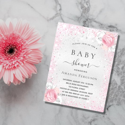 Baby shower zilverroze glitter floral kaart