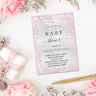 Baby shower zilverroze glitter kaart