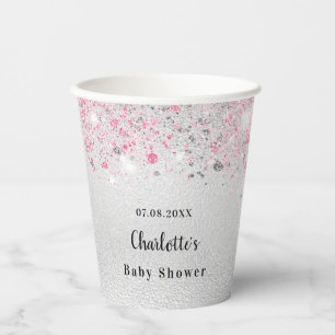 Baby shower zilverroze glitter monogram papieren bekers