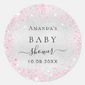 Baby shower zilverroze glitter ronde sticker (Voorkant)