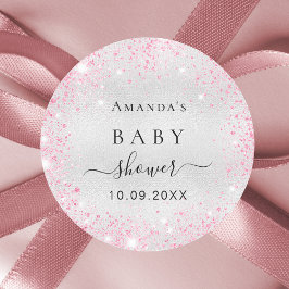 Baby shower zilverroze glitter ronde sticker