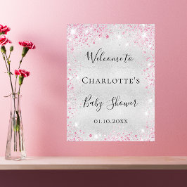 Baby shower zilverroze glitter welkom poster