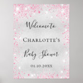 Baby shower zilverroze glitter welkom poster (Voorkant)