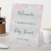 Baby shower zilverroze glitter welkom reclamebord met voetstuk (Insitu)