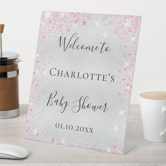 Baby shower zilverroze glitter welkom reclamebord met voetstuk (Insitu)