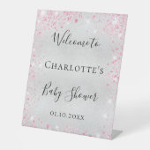 Baby shower zilverroze glitter welkom reclamebord met voetstuk (Voorkant)