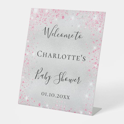 Baby shower zilverroze glitter welkom reclamebord met voetstuk (Voorkant)