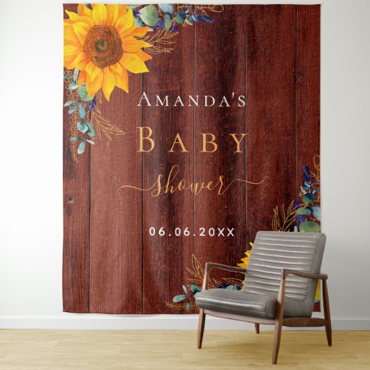 Baby shower zonnebloem bijtende bruine eucalyptus wandkleed (In situ)