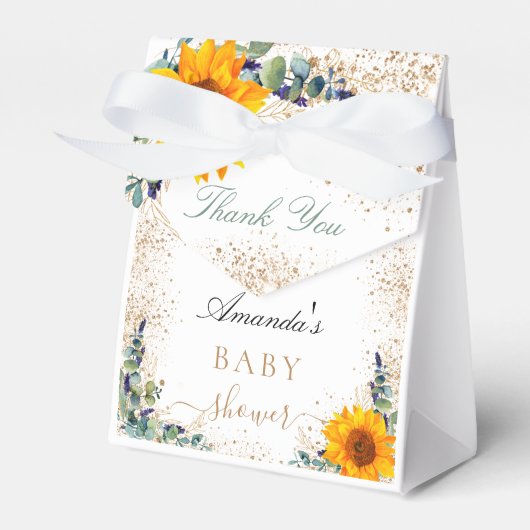 Baby shower zonnebloem eucalyptus glitter dank u bedankdoosjes (Voorkant Zijde)