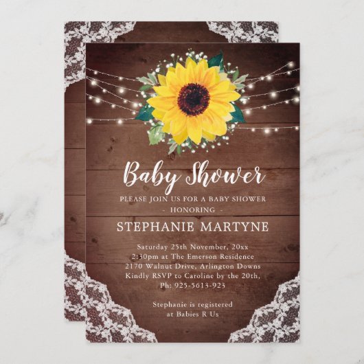 Baby shower Zonnebloem Kant Babys Adembloem Bloeme Kaart (Voorkant / Achterkant)