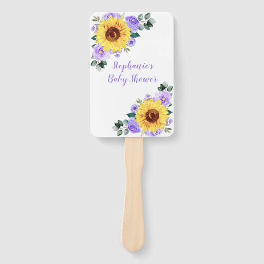 Baby shower Zonnebloem Paarse Bloemen Gepersonalis Handwaaier (Voorkant)
