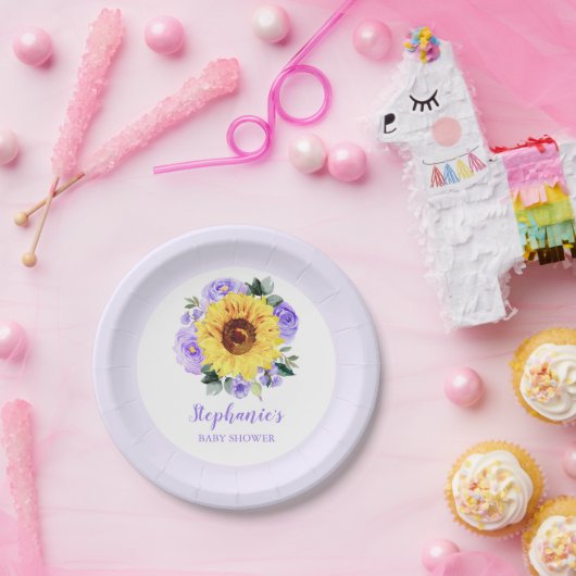 Baby shower Zonnebloem Paarse Bloemen Gepersonalis Papieren Bordje (Feest)
