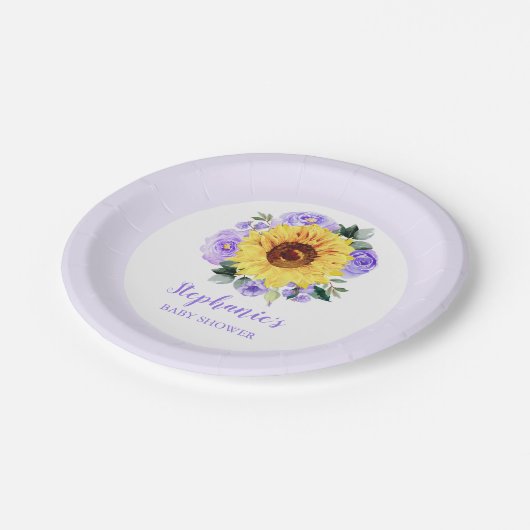 Baby shower Zonnebloem Paarse Bloemen Gepersonalis Papieren Bordje (Gekanteld)