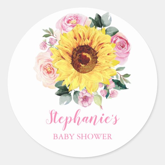 Baby shower Zonnebloem Roze Bloem Gepersonaliseerd Ronde Sticker (Voorkant)