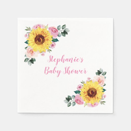 Baby shower Zonnebloem Roze Bloem Gepersonaliseerd Servet (Voorkant)