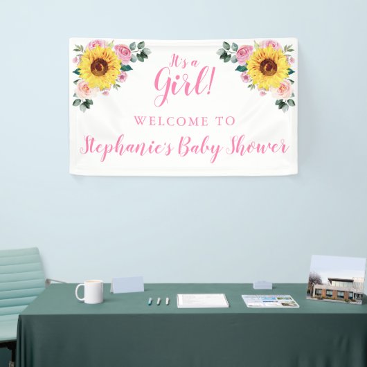 Baby shower Zonnebloem Roze Bloem Gepersonaliseerd Spandoek (Beurs)