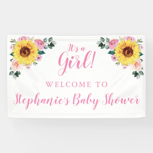 Baby shower Zonnebloem Roze Bloem Gepersonaliseerd Spandoek (Horizontaal)