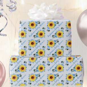 Baby Shower Zonnebloem Stofblauw Persoonlijke Naam Cadeaupapier