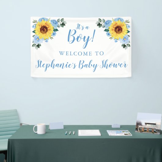 Baby shower Zonnebloem Stoffig Blauw Bloemen Het i Spandoek (Beurs)